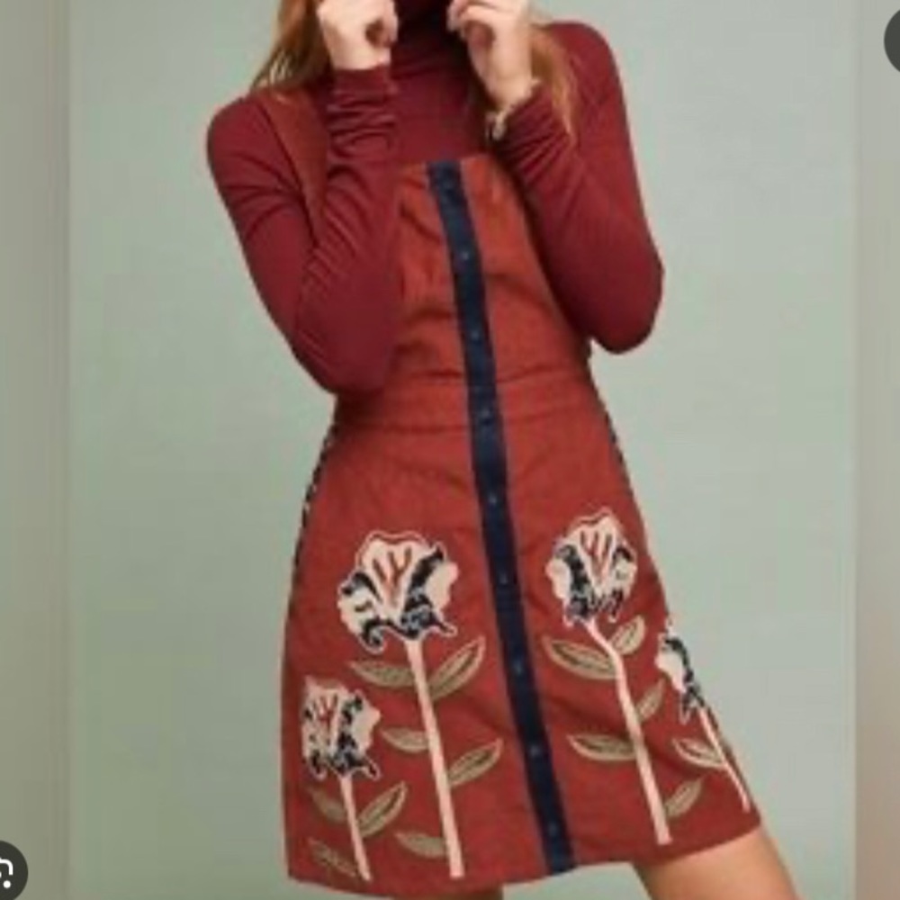 ISO Anthropologie Corduroy Embroidered Pinafore Overall Dress